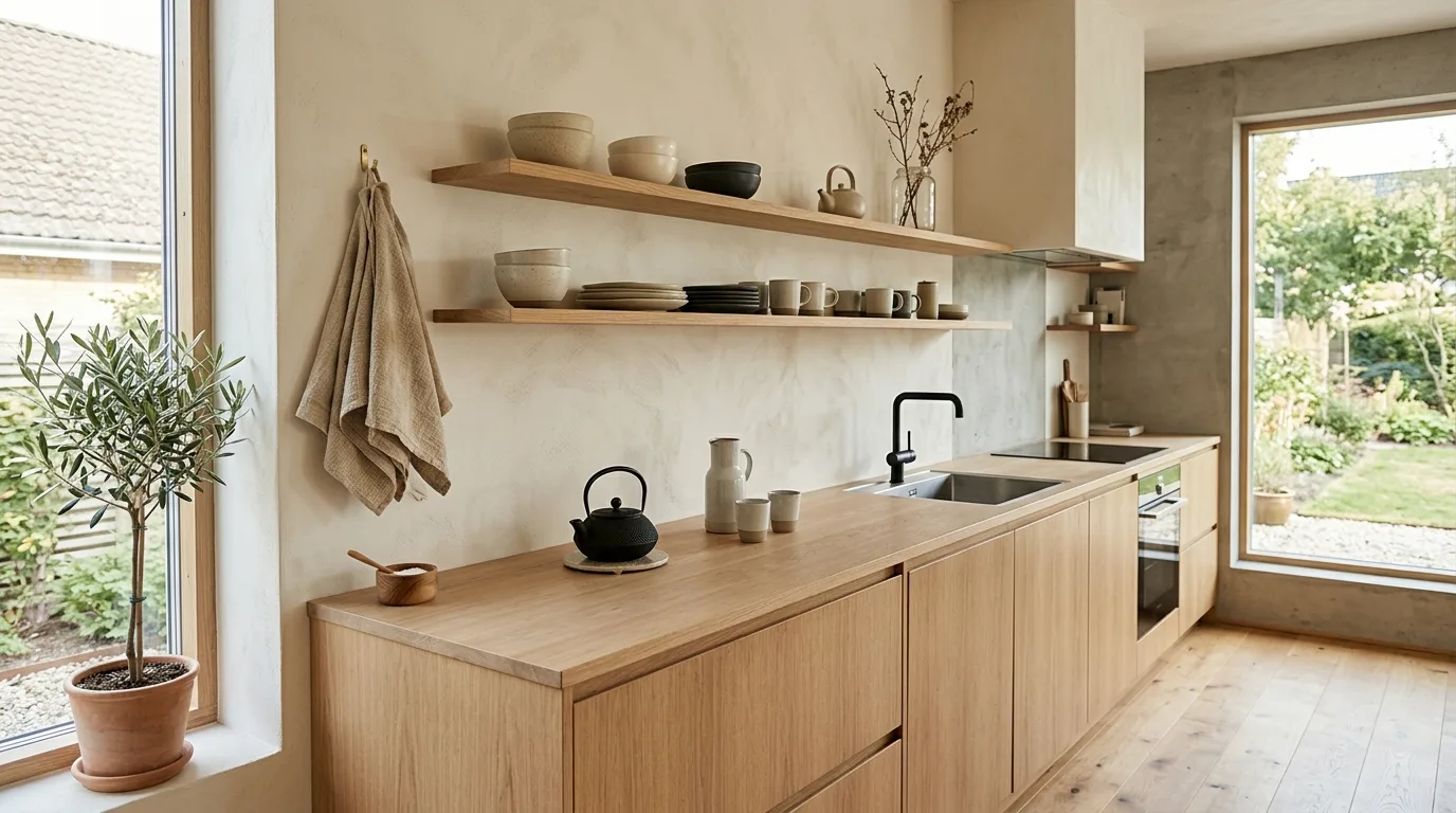 Bring in handmade ceramics for warmth inspiration for a Japandi kitchen.